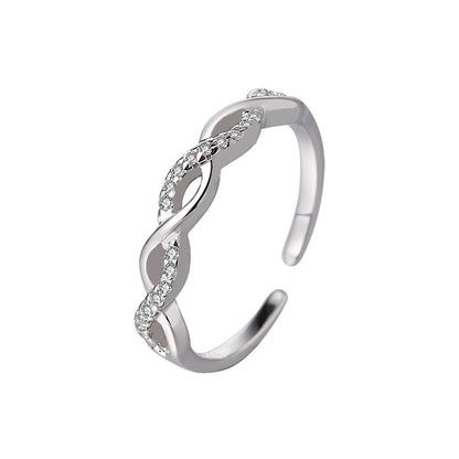 S925 Sterling Silver Micro-Pave Flash Diamond Twisted Rope Ring for Women, Ins-Inspired Korean Style, Unique Design, Hollow Twisted Open Ring